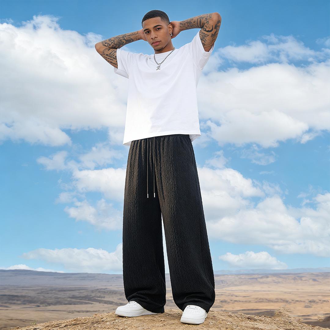 Men's Textured Waffle Knit High Waist Wide Leg Pants, Casual Loose Track Pants, Streetwear