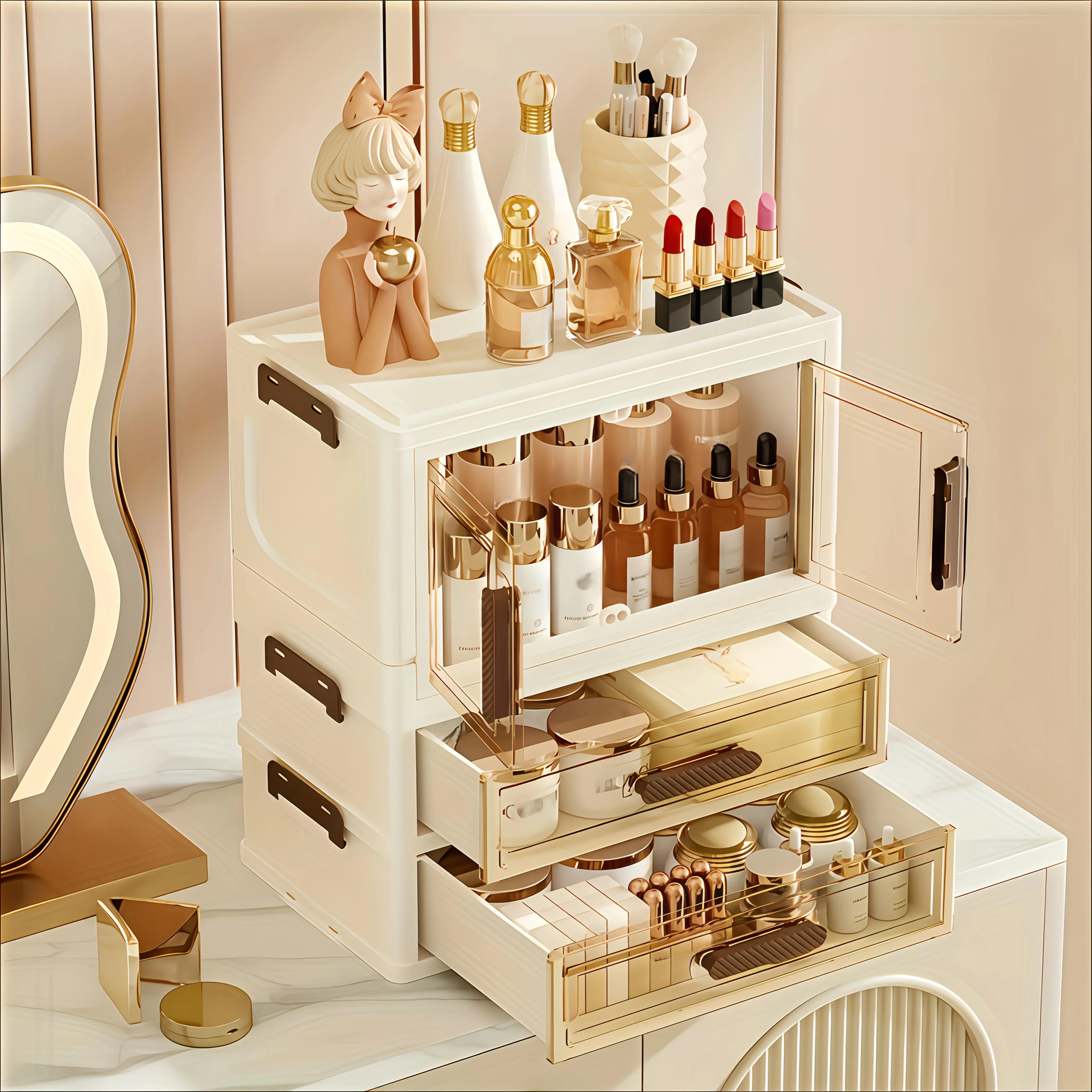 2 Layers Collapsible Spacious Cosmetic Organizer with See-Through Drawers, Sturdy PVC Build & Secure Locks - for Makeup, Skincare, Documents, Books & Home/ Office Storage - Compact Chic Design, Ideal Gift for Women & Girls Model: 1 Door + 2 Drawers