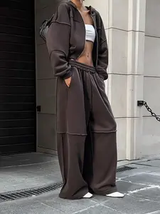Women's Solid Zip Up Hoodie & Elastic Waist Pants Set, Casual Fashion Cozy Two-piece Set for Daily Outdoor Wear, Women's Clothing for Fall & Winter