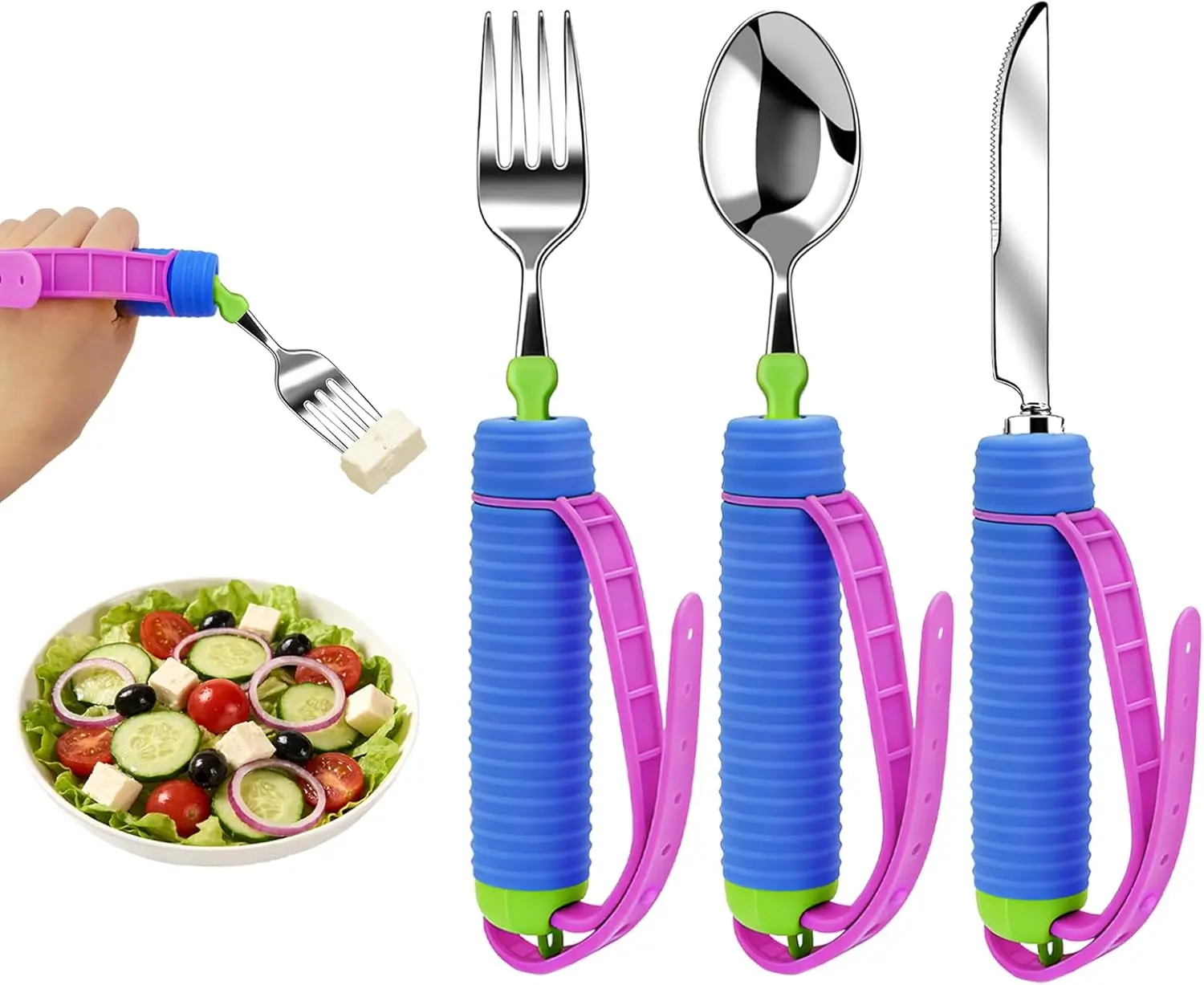 3 Pcs Adaptive Utensils for Disability, 360°Gadgets Swivel Fork Spoon with Adjustable Silicone Strap for Weak Hand Grip & Handicapped & Parkinsons Travel Eating Utensils for Disabled, Elderly