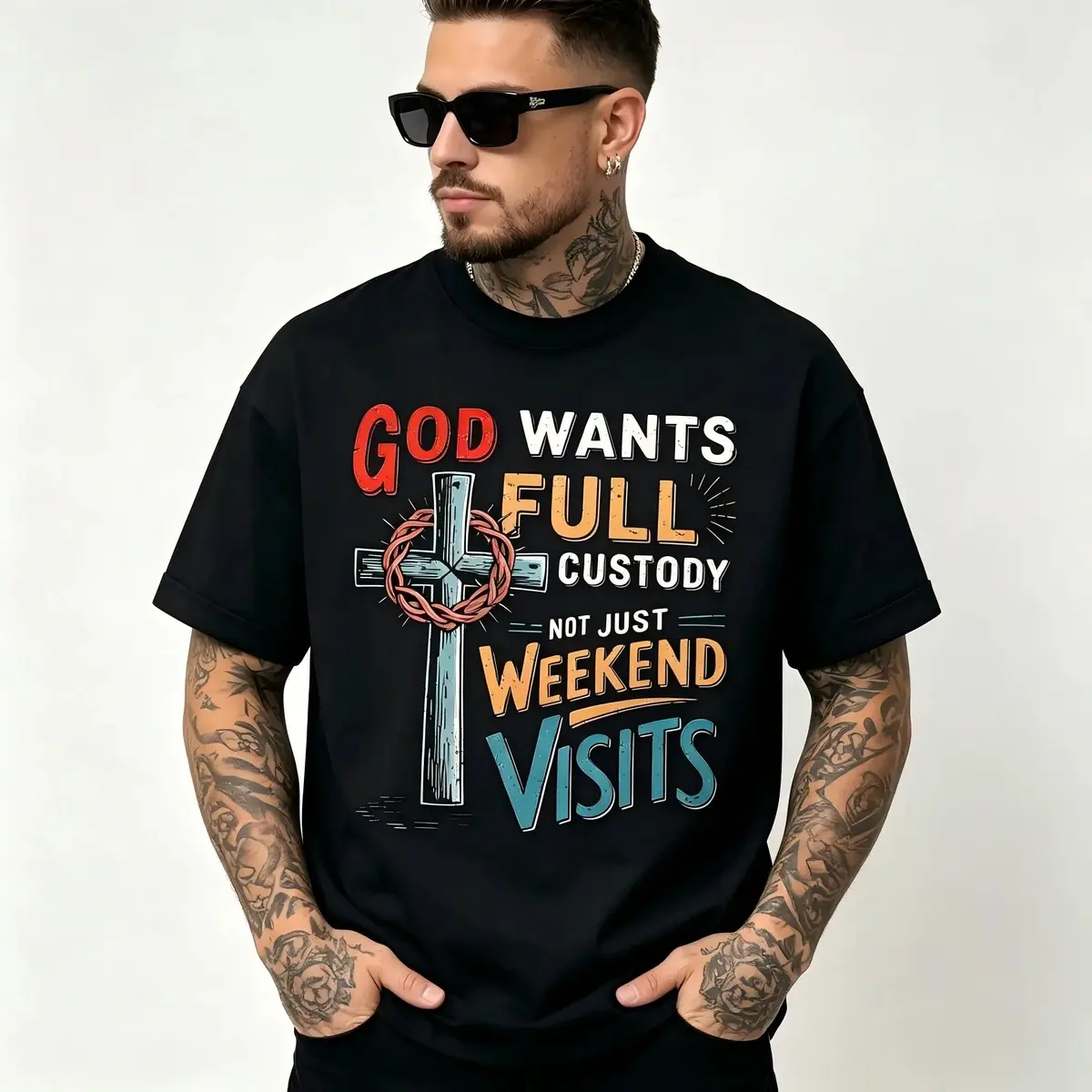 "God Wants Full Custody, Not Just Weekend Visits" Religious TShirt for Men  Christian Faith Graphic, Soft  Crew Neck Short Sleeve, Perfect for Church Attire  Daily Casual Wear, SumCotton Menswear Graphic Crew Neck Top Womenswear Streetwear Crewneck Tshirt