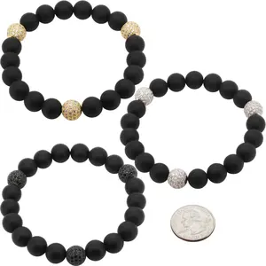 14k Yellow/White Gold Plated Black Rhodium AAA Cubic Zirconia 10mm Disco Ball Onyx Beaded Stretch Bracelet 8”