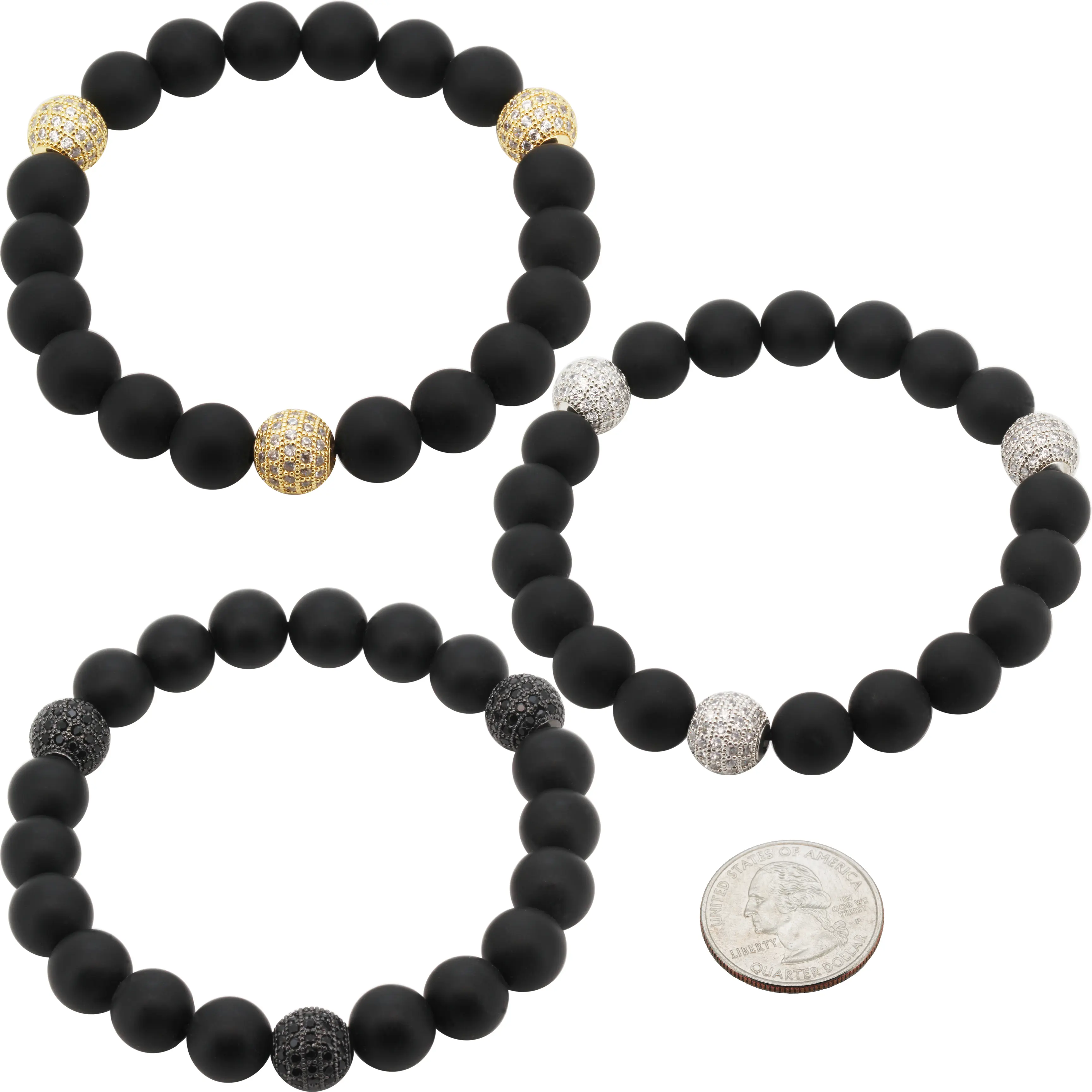 14k Yellow/White Gold Plated Black Rhodium AAA Cubic Zirconia 10mm Disco Ball Onyx Beaded Stretch Bracelet 8”