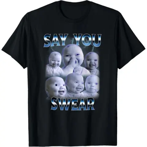 Unisex "Man Say You Swear AI Niche Baby Holding Back Laugh" Gen Z Meme Graphic Tee, Vibe Streetwear Clothing, Menswear Shirts, S-XXXL Sports Top for Daily Wear