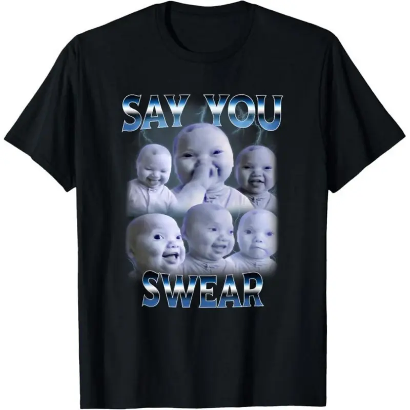 Unisex "Man Say You Swear AI Niche Baby Holding Back Laugh" Gen Z Meme Graphic Tee, Vibe Streetwear Clothing, Menswear Shirts, S-XXXL Sports Top for Daily Wear