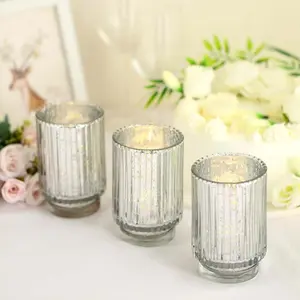 3-Pack Mercury Glass Hurricane Candle Holders 5" Silver Wavy Column Design - Votive Pillar Vase