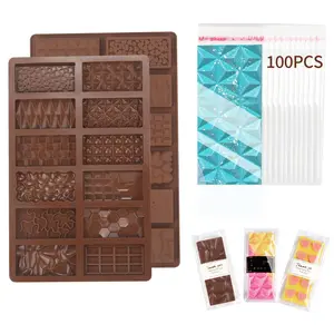Chocolate Bar Mold, 1 Count Silicone Chocolate Mold with 100pcs Bags, Break Apart Non-stick Chocolate Bar Mold, Kitchenware Wax Melt Mold, Silicone Baking Mold