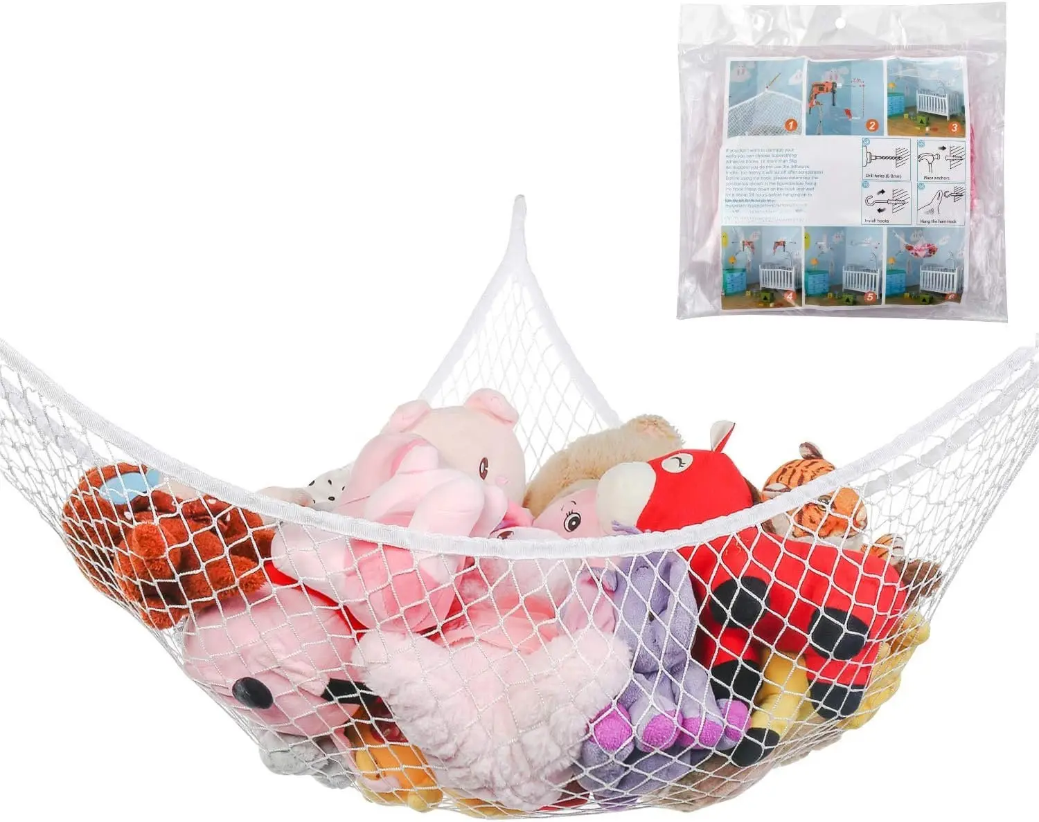 White 70" Mesh Wall Sling Corner Storage Hammock Organizer with Pack Feature