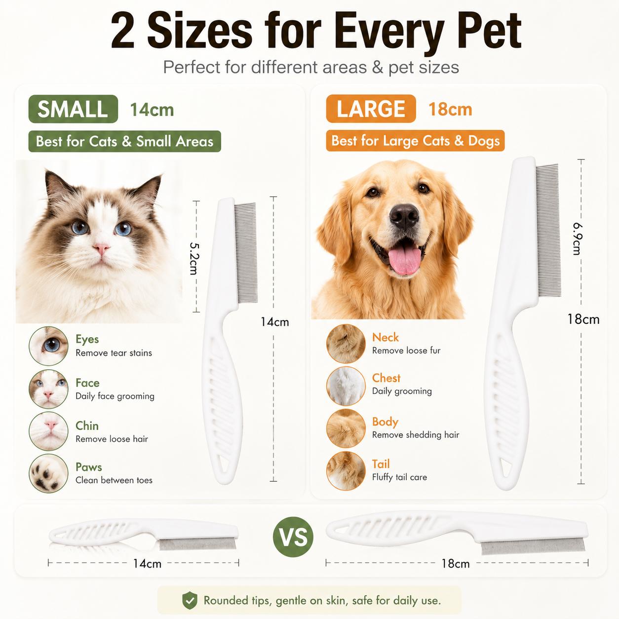 Pet Face Comb Set for Cats & Dogs, Fine Tooth Stainless Steel Grooming Comb, Removes Loose Fur, Flea & Lice Removal Comb, Anti-Shedding, Small & Large Size (2PCS)