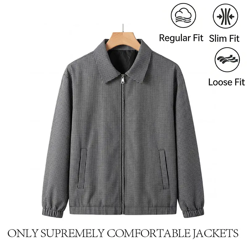 Men's Houndstooth Zip Up Jacket Lapel Collar Side Pockets Elastic Cuffs Lightweight Comfortable Casual Daily Work Business Spring Fall Outerwear