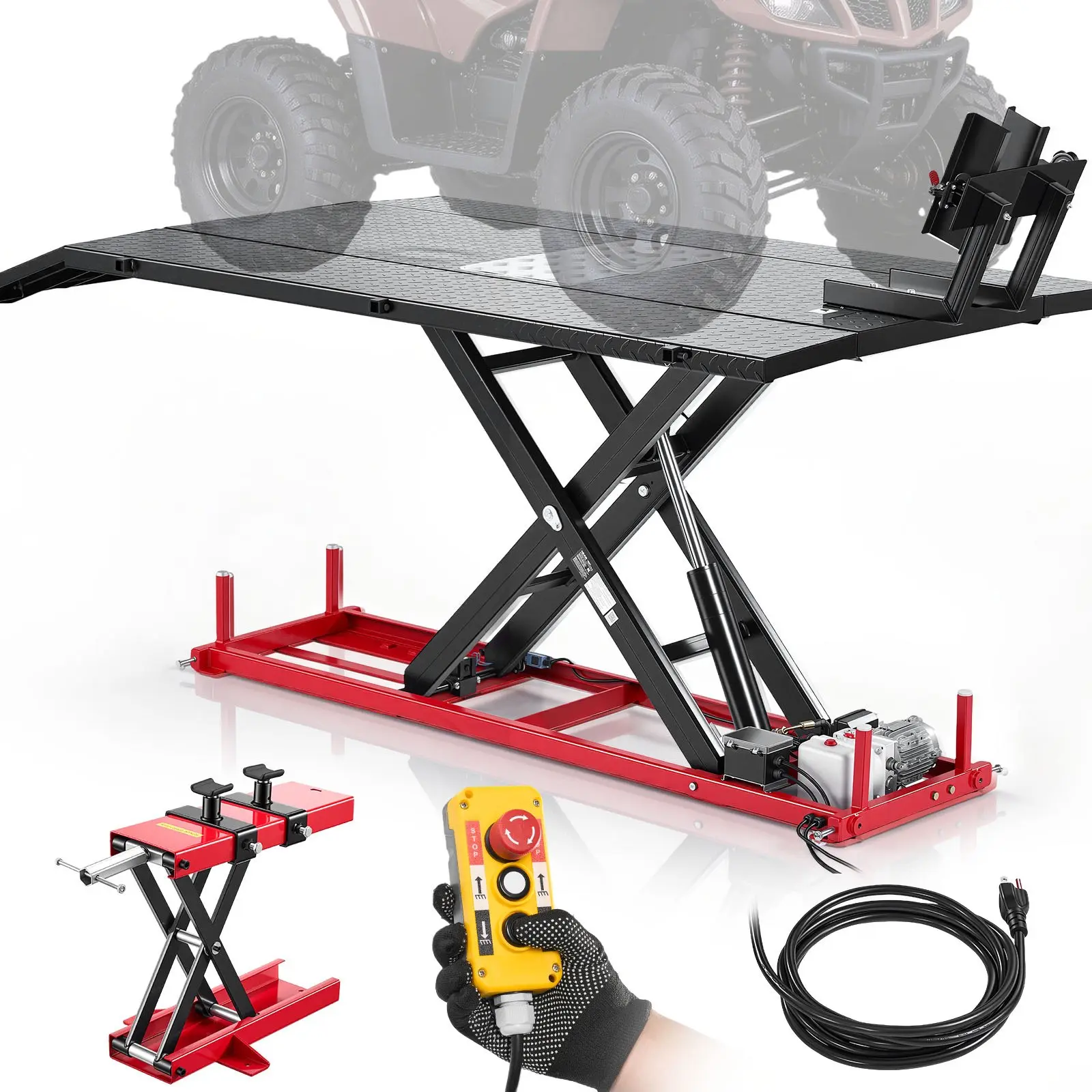 VEVOR Motorcycle Lift Table, 1500 lbs Capacity, Electric Hydraulic Pump with Scissor Lift Jack, Wheel Chock, 9.05-41.73 Height, 78.3x 50.4 Extra-Wide Heavy Duty Repair Stand for ATV, Dirt Bike