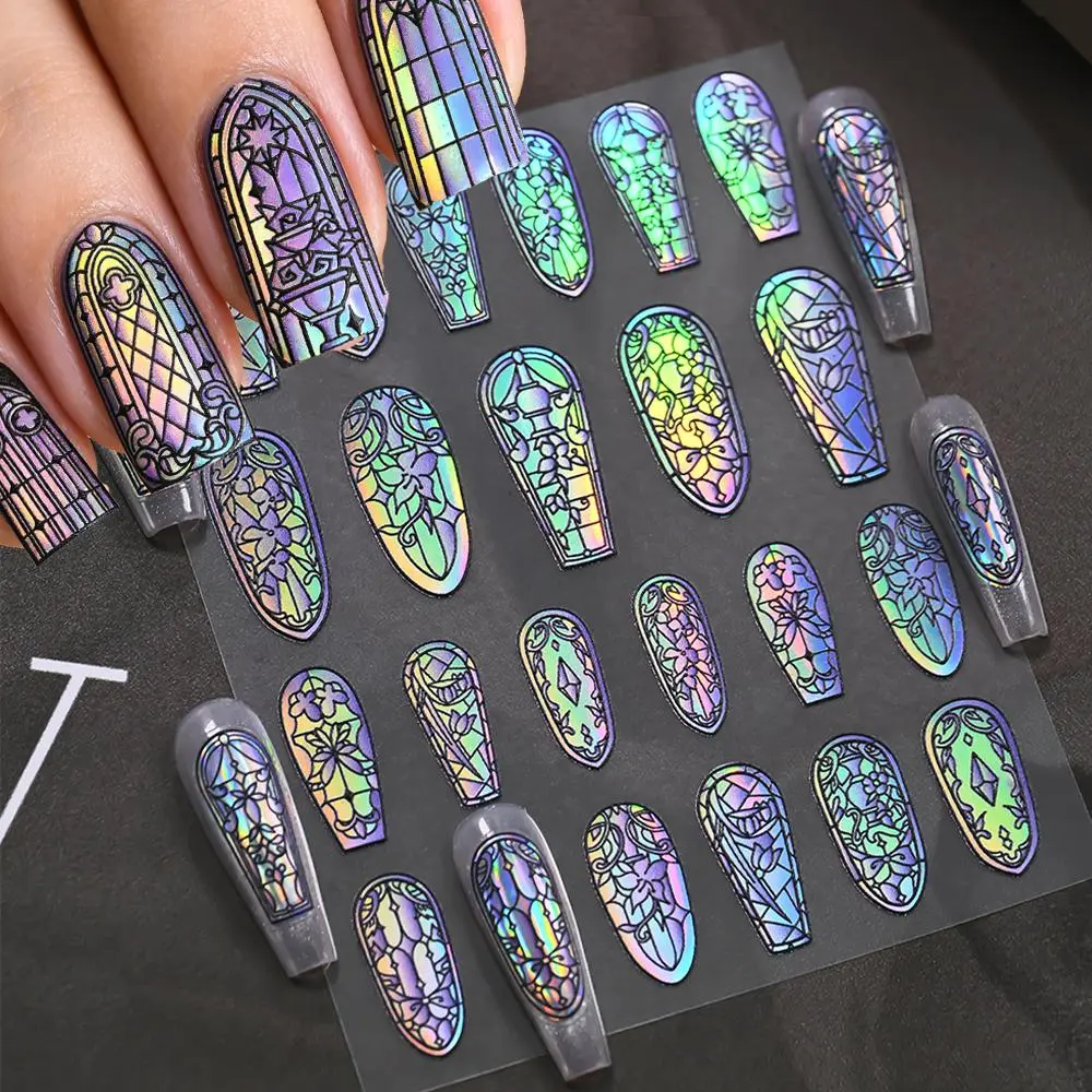 Metal Gothic Flower Window Nail Stickers Vintage Colorful Glass Nail Decal Dark Style Halloween Church Bricks Manicure Decal