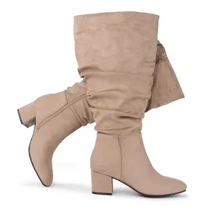 Women's ultra wide calf leather dress boots, loose suede boots with a heel