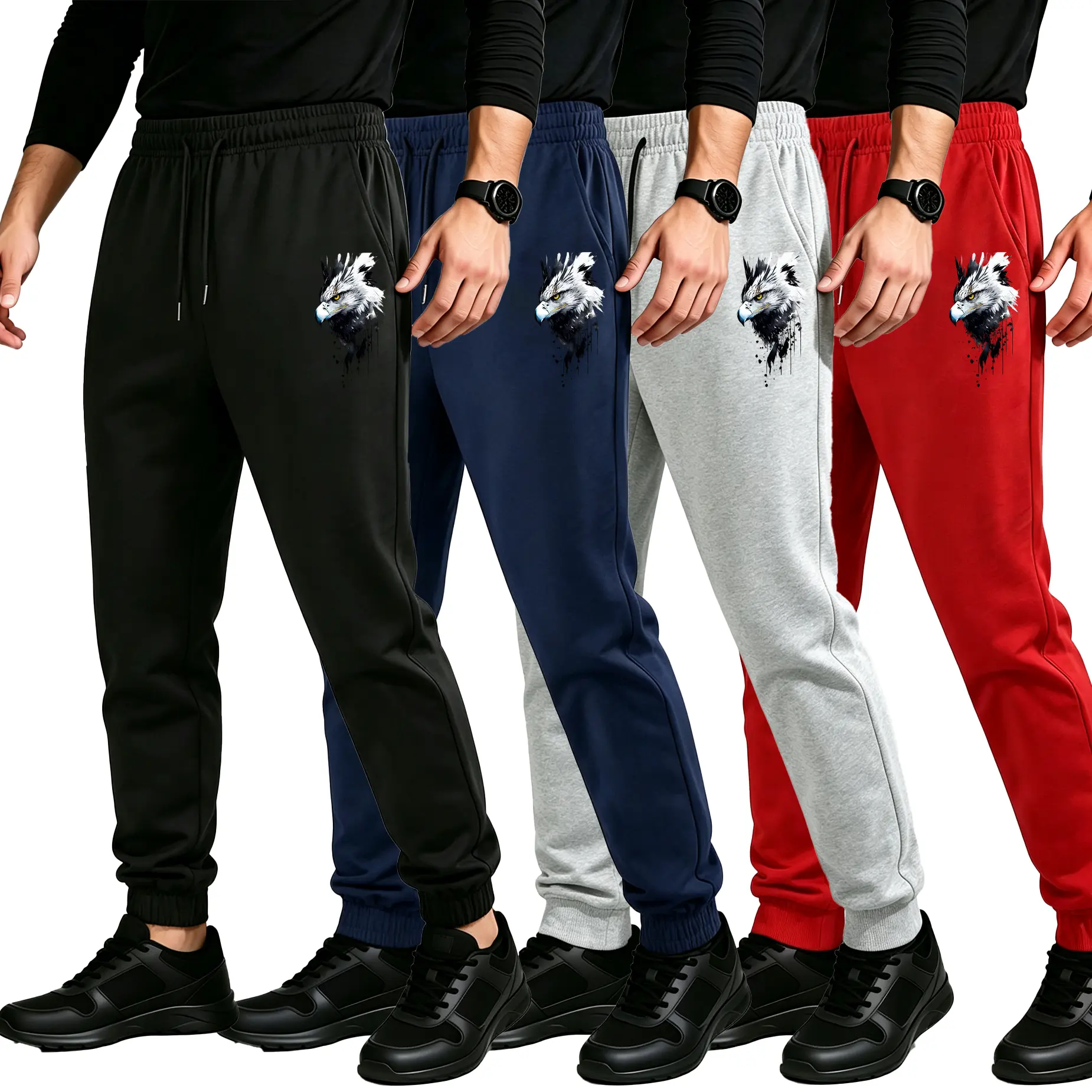 mens elastic drawstring waist cuffed sweatpants with cool eagle head ink splash print soft cotton blend casual jogger pants loose fit athletic training streetwear track pants for men multiple color options