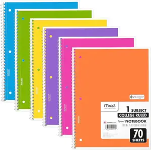 Spiral Notebook, 6 Pack, 1 Subject, College Ruled Paper, 7-1/2" x 10-1/2", 70 Sheets per Notebook, Assorted Bright Colors (830050-ECM)