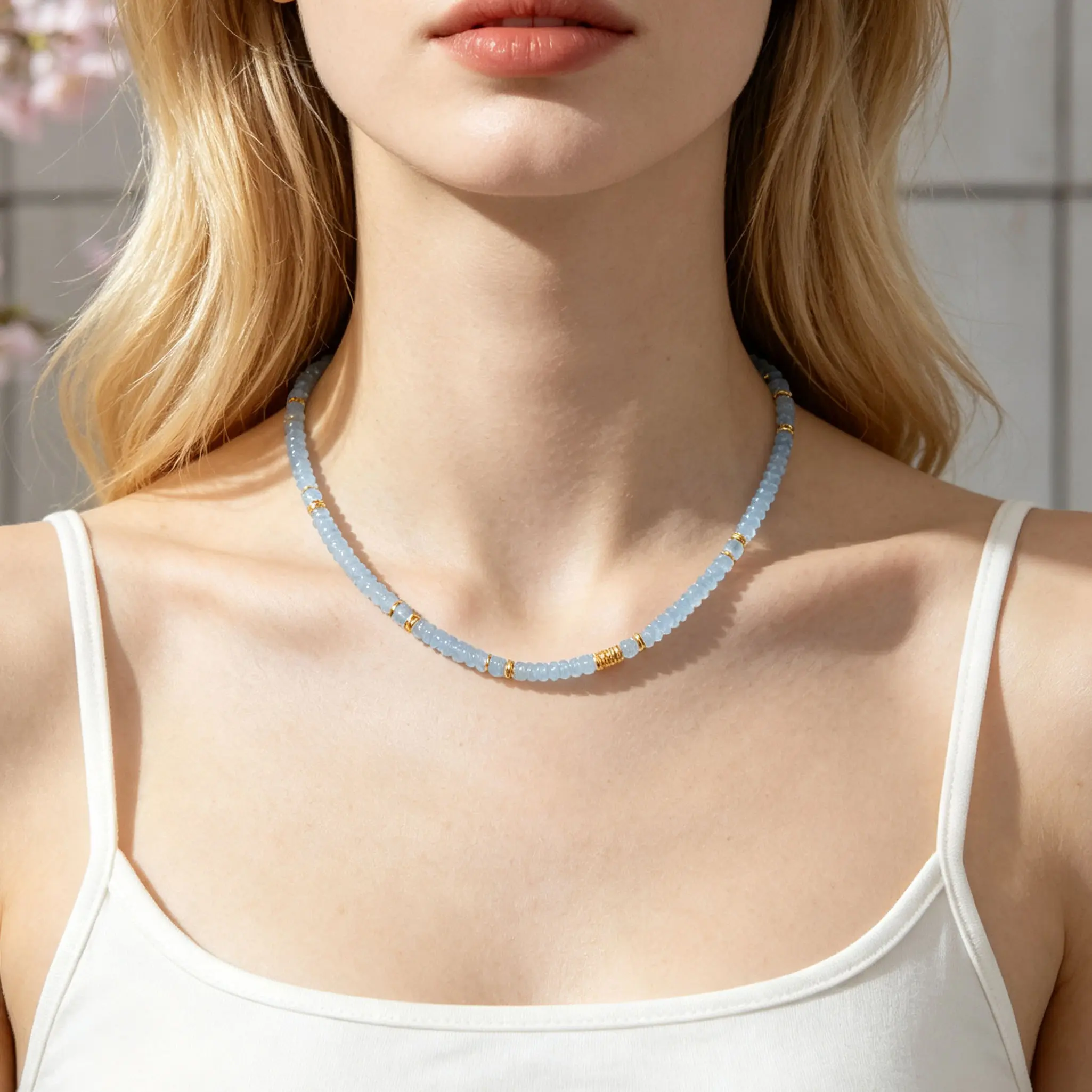 Natural Aquamarine Heishi Beaded Choker Necklace, 14K Gold Plated, Calm Communication Adjustable Jewelry Everyday Boho Layering Piece  Gift For Her Crystaljewelry