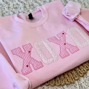 XOXO Valentines Day Embroidered Sweatshirt, Pink Hearts Valentines Sweater, Vintage Hearts Crewneck, Valentines Day Pullover Sweater