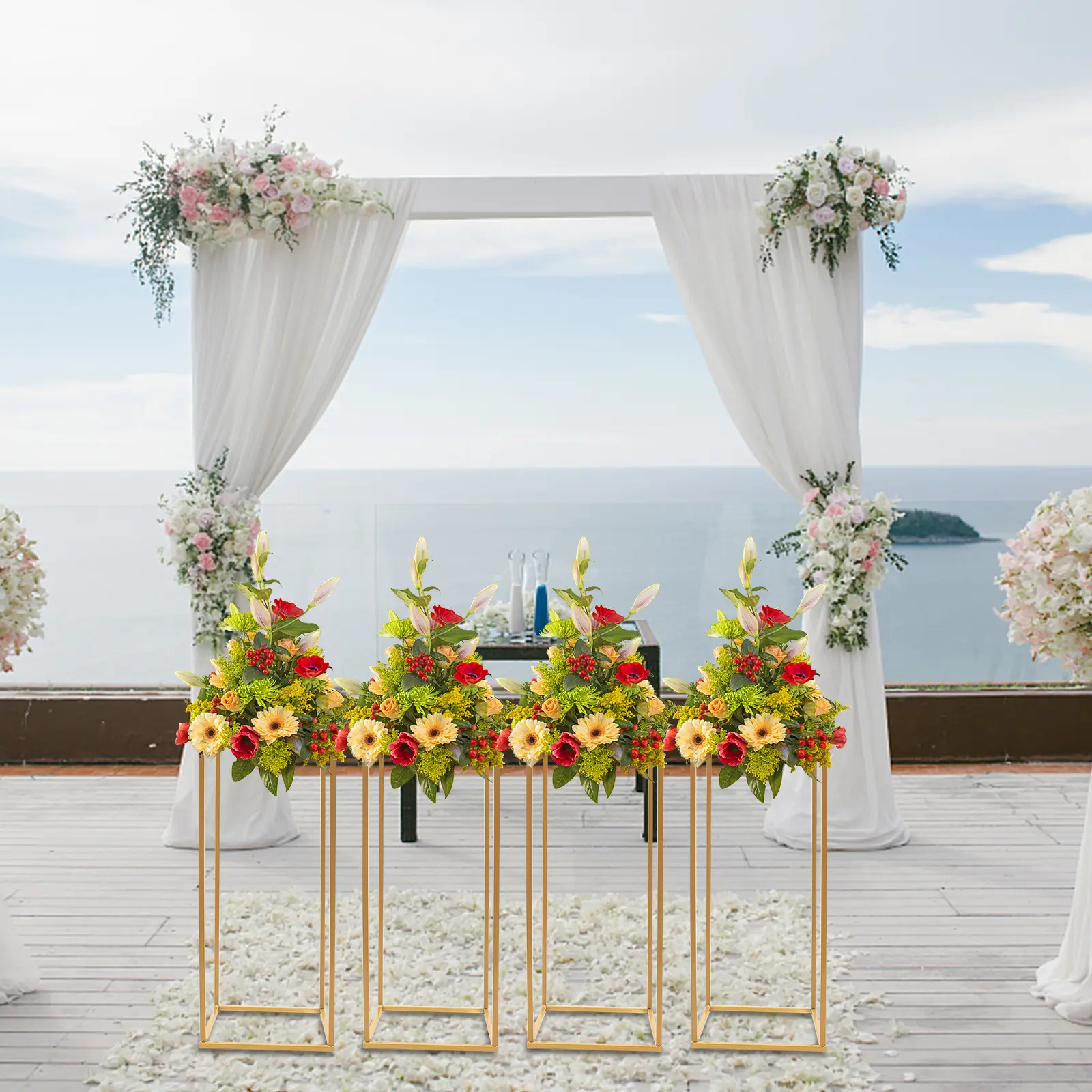 NoBrand 4-Piece Contemporary Square Metal Floral Stand Set - Light, Elegant Flower Holder with Ornaments for Living Room, Wedding Celebration & Fantasy Party Decorations