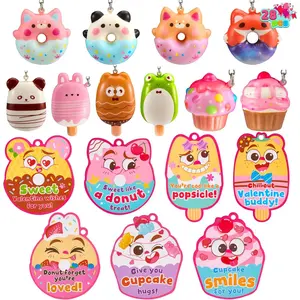28 Packs Valentine Dessert squishy toys Stress Relief Keychains with Fun Dessert Cards, PU Donuts Squishy Toys, Cupcake & Popsicles Keychain, Slow-Rising Toy for Kids Classroom Gift Party Favor