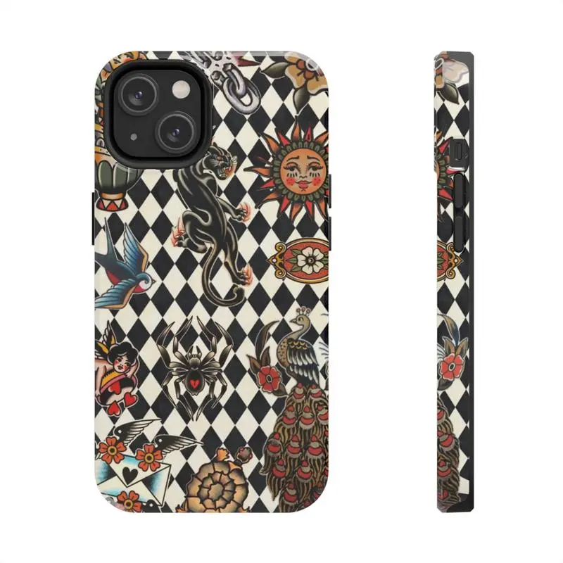 Retro Tattoo Print Smartphone Case - Tough TPU Polycarbonate Cover with Magical Vintage Watercolor Motifs, Preppy Aesthetic, Handheld/Cellphone Protection for iPhone 11-17 Pro Max/Plus & Samsung Galaxy S23-25