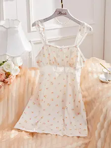 Women's Ditsy Floral Print Bow Decor Contrast Lace Cami Nightdress, Casual Soft Comfortable Spaghetti Strap Nightgown for Summer, Fashion Ladies' Sleepwear for Daily Wear, Feminine