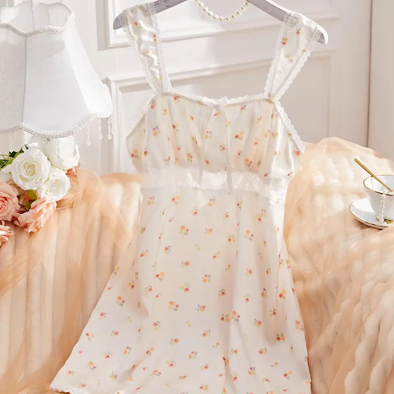 Women's Ditsy Floral Print Bow Decor Contrast Lace Cami Woven Nightdress, Casual Soft Comfortable Spaghetti Strap Nightgown for Summer, Fashion Ladies' Sleepwear for Daily Wear, Feminine