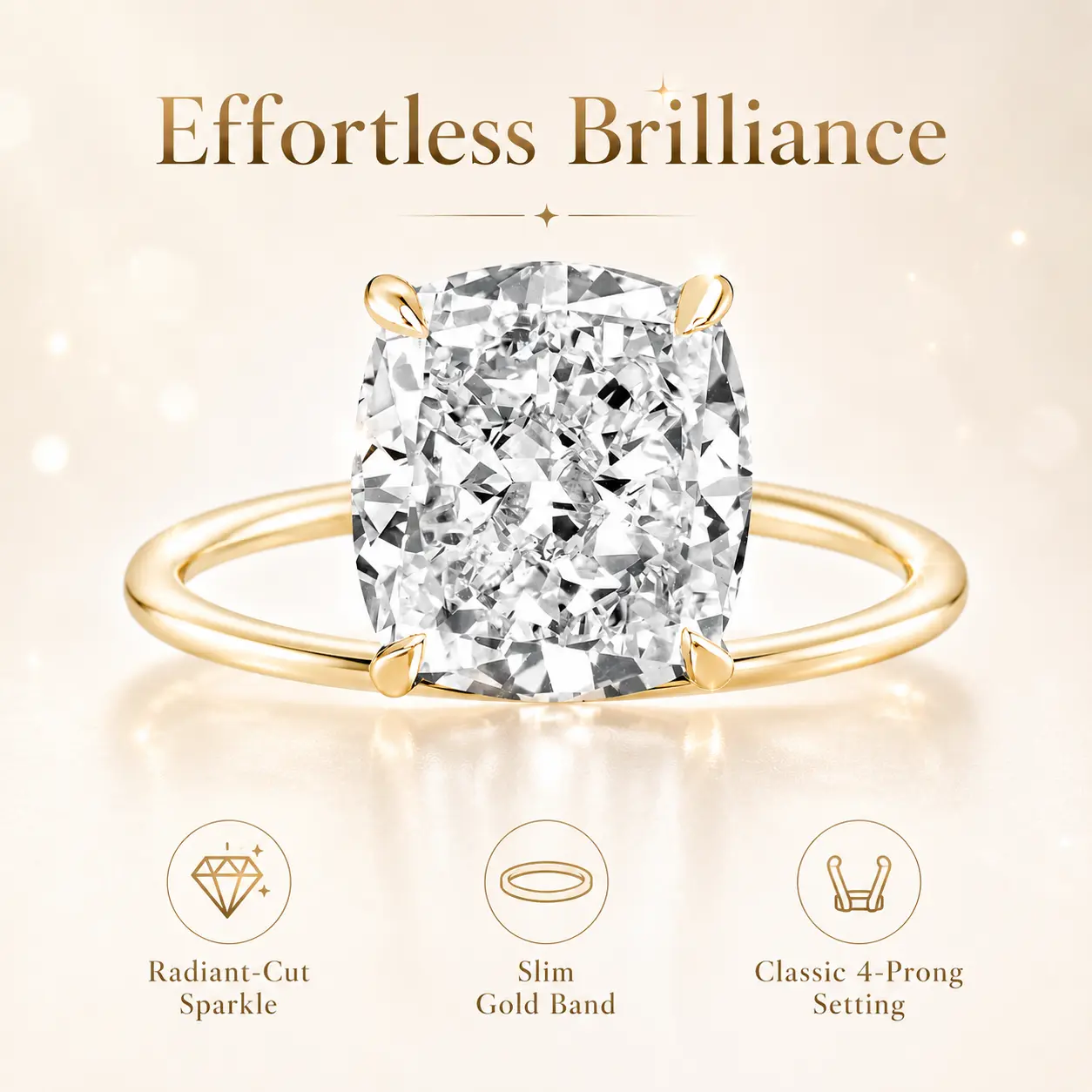 14K Yellow Gold 5CT Cushion Cut Moissanite Engagement Ring, 9×11mm 4-Prong Solitaire Ring, Hypoallergenic Promise Ring for Women