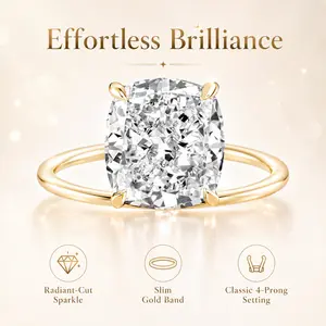 14K Yellow Gold 5CT Cushion Cut Moissanite Engagement Ring, 9×11mm 4-Prong Solitaire Ring, Hypoallergenic Promise Ring for Women