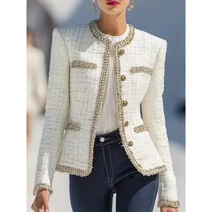 Women'S Elegant Golden Trimmed Round Collar Mini Chic Wind Jacket |   Autumn and Winter Solid Color Button Jacket with Cardigan Collar
