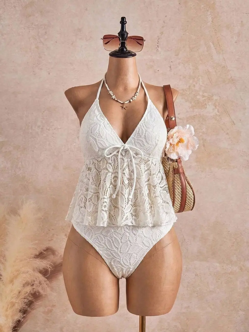 Bellisia Women's White Floral Crochet Lace Tankini Swimsuit Set | Halter Deep V Babydoll Cami Top | Tummy Control Beach Bridal 2PC Bathing Suit