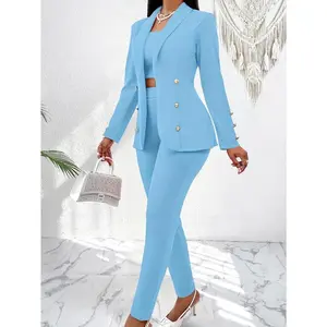 Women’s Three-Piece Office Suit – Strapless Tube Top, Shawl-Collar Cardigan Jacket, and Pants Set – Elegant and Professional Style