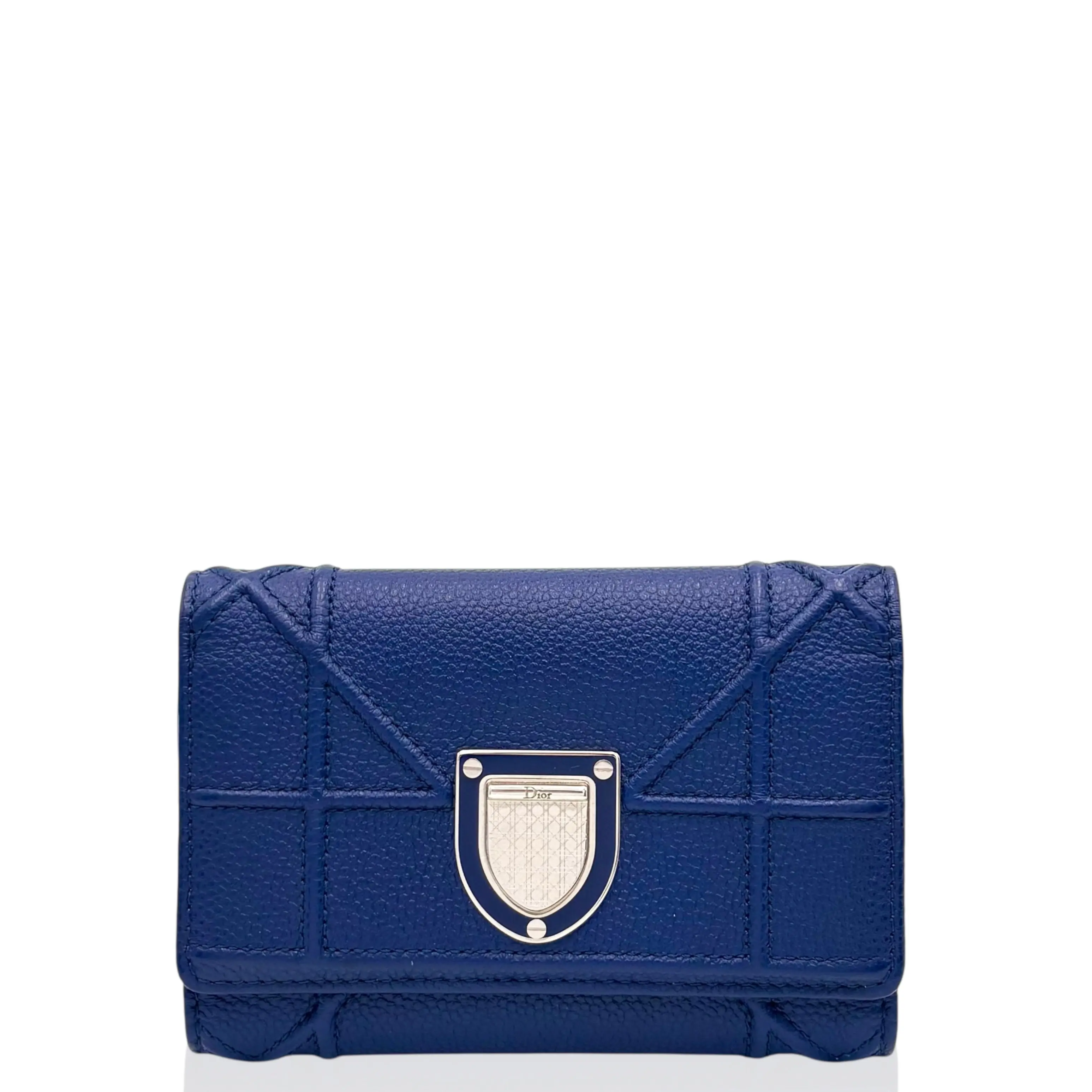 Pre-owned Dior Leather Small Leather Goods Compact Wallet Grained Calfskin Blue (0429r6)