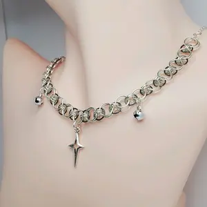 Stainless Steel Chainmail Choker with Star Pendant and Bell Charm Silver Tone Fashion Accessory for Trendy Looks
