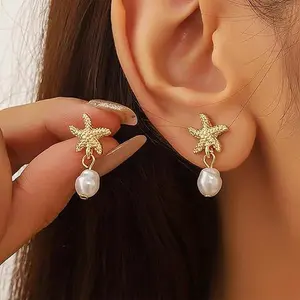ChicBloom B Seashell Starfish Earrings Beach Jewelry for Women Pearl Drop Shell Earrings Ocean Beachy Fashion Accessories Womens Summer Outfits 2026 Tropical Vacation Outfits Beach Vacation Clothes Dresse