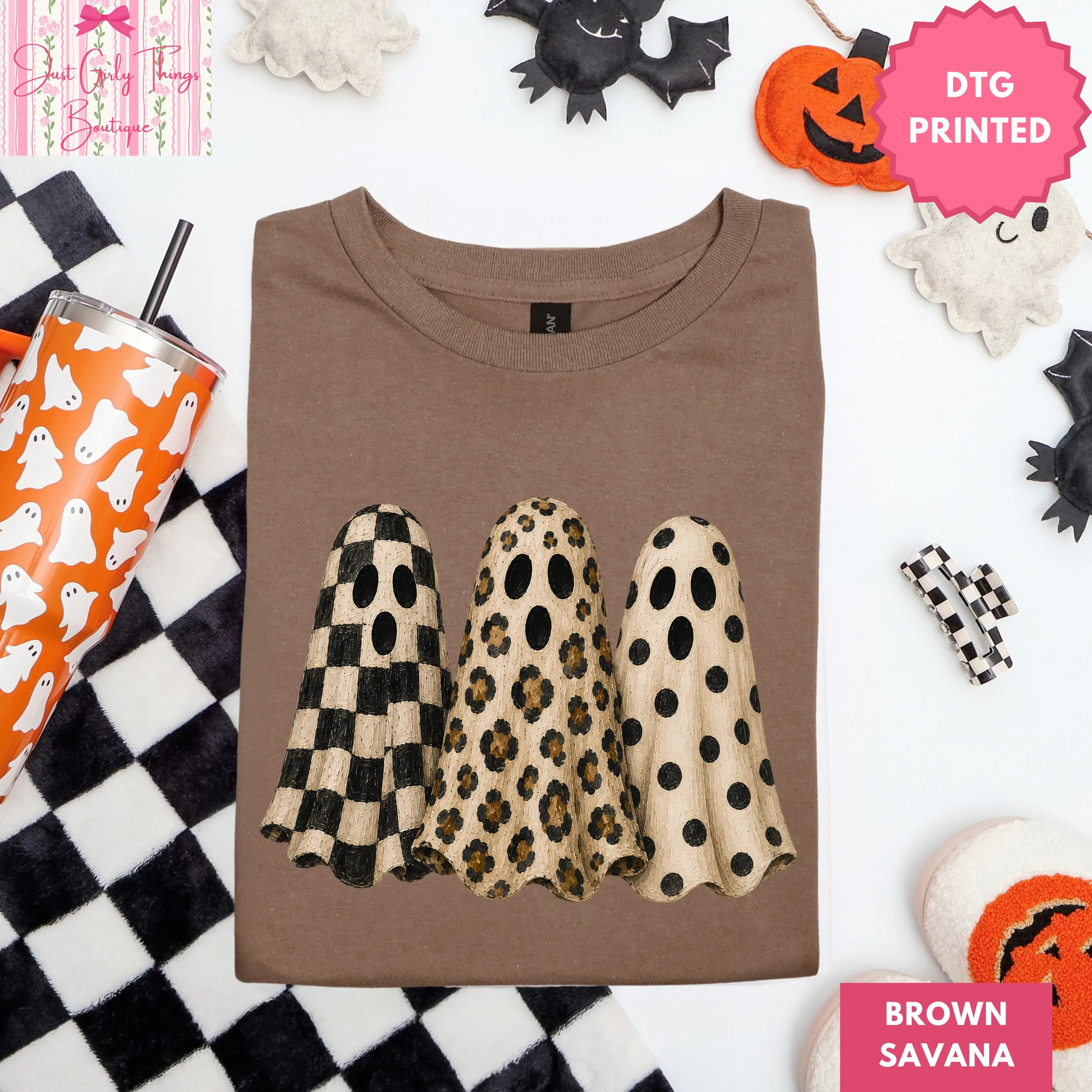 Polka Dot Leopard Checkered Halloween Ghoul Shirt  - Gildan 64000 Softstyle/Gildan 5000 Heavy Cotton - Retro Halloween Shirt, Cheetah Halloween Shirt, Checkered Halloween Shirt, Preppy Halloween Shirt,  Halloween Ghost Shirt