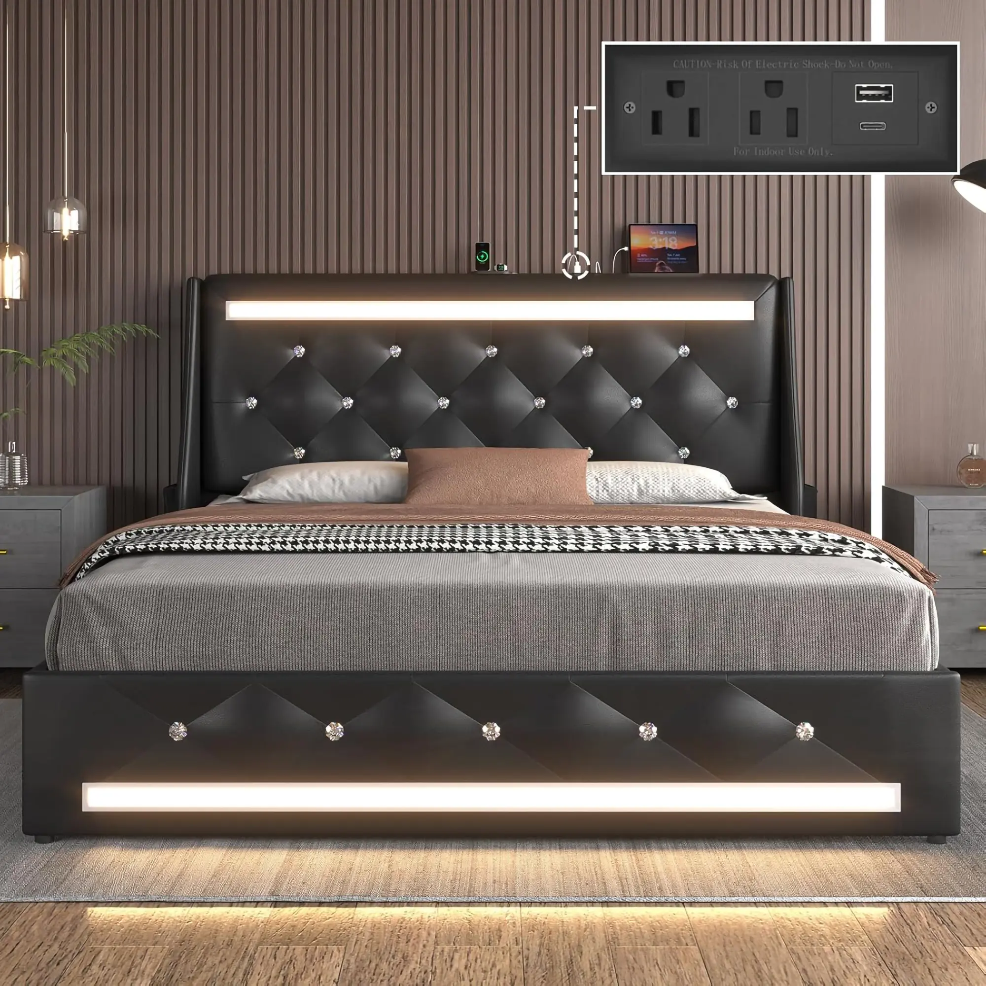 Contemporary Upholstered Platform Bed Frame with Diamond Headboard, LED Lights, Charging Station, Wooden Slats, No Box Spring Needed, Noise-Free, Easy Assembly, Contemporary Bed