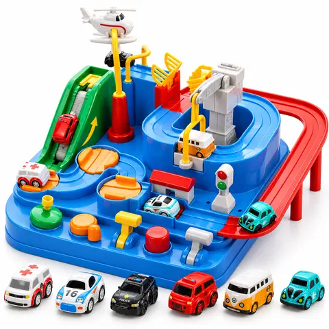 Kids Race Track Car Set, Interactive Parking Garage Toy with Mini Cars, Ramps, Slides and Road Signs for Boys Girls