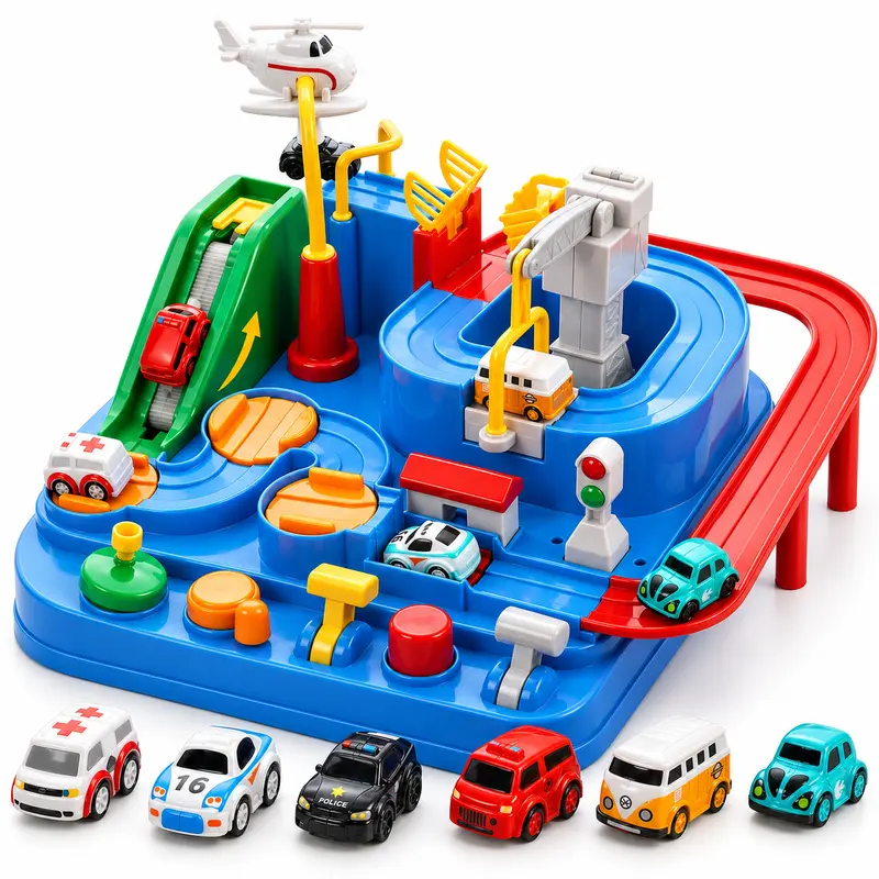 Kids Race Track Car Set, Interactive Parking Garage Toy with Mini Cars, Ramps, Slides and Road Signs for Boys Girls