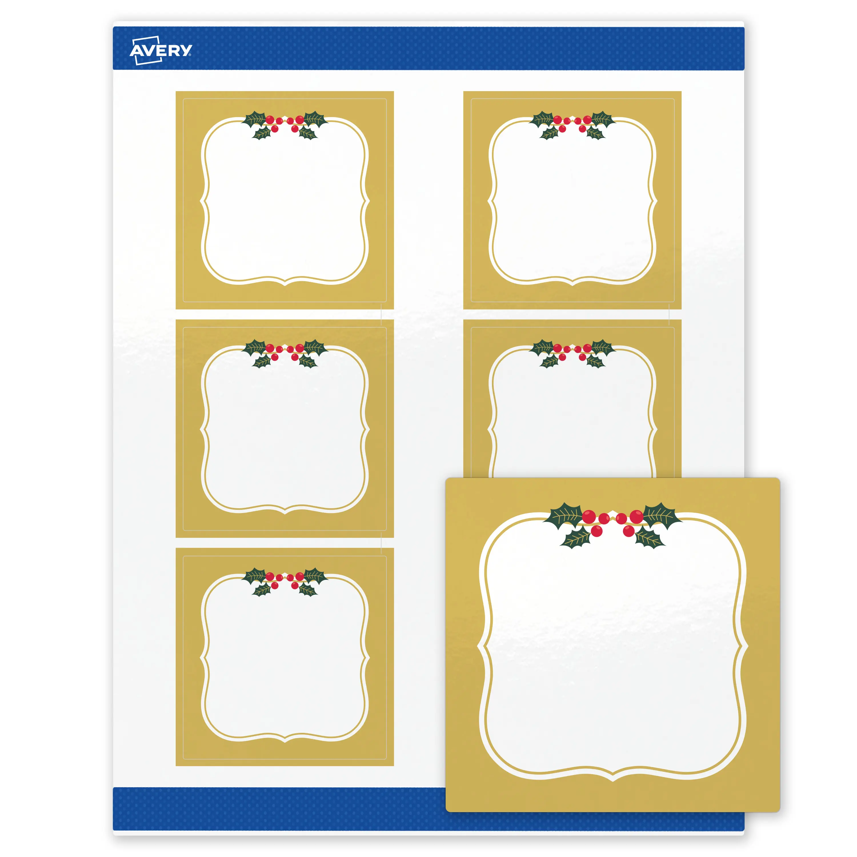Avery® Printable Christmas Labels with Sure Feed® Technology, Square, 3" x 3", Pre-Printed Metallic Gold Border with Holly Design, Glossy White, Laser & Inkjet Compatible, 60 Total