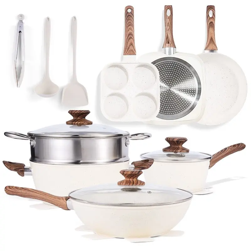 Gianna 17 Pcs Non-Stick Pots and Pans, Non-toxic Kitchen Cooking Set with Stay-Cool Handles, Beige