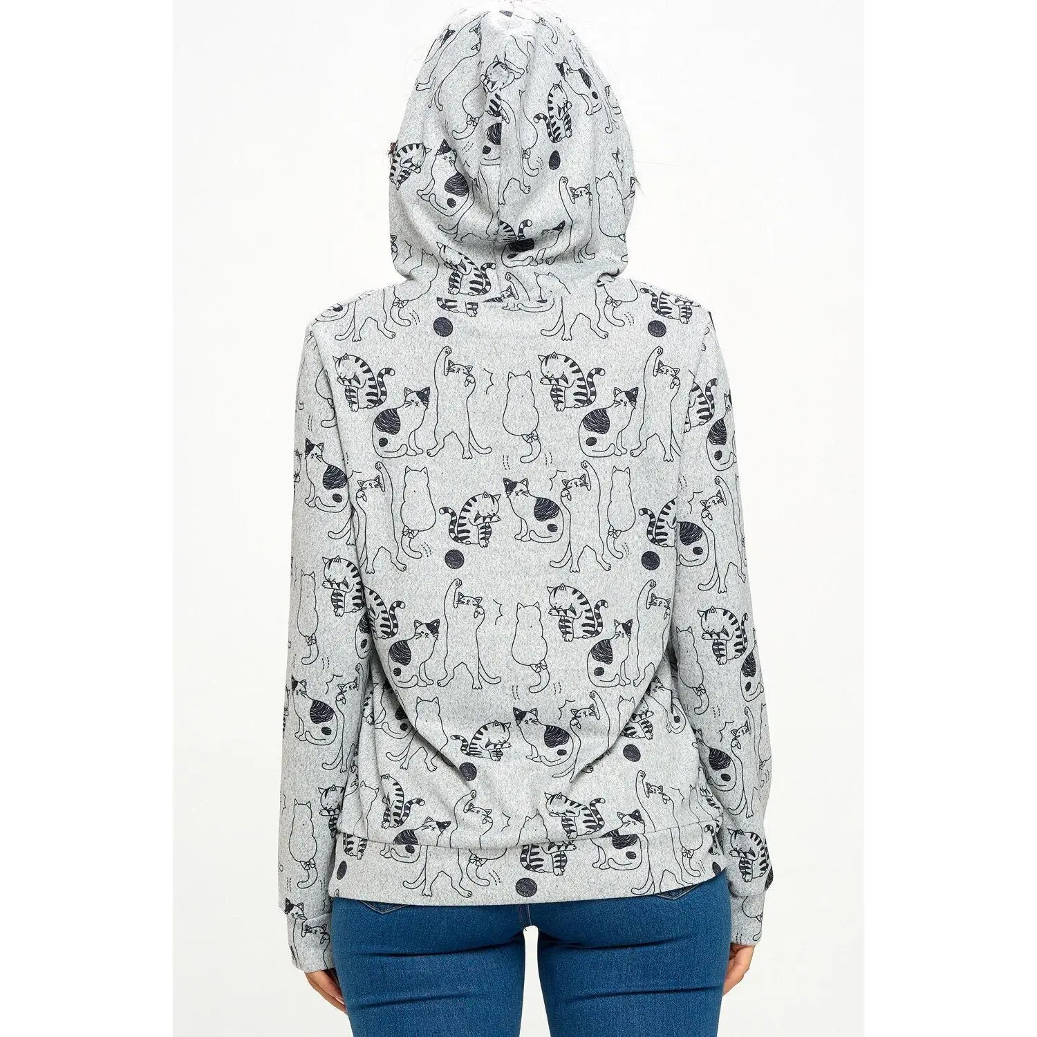 Lightweight Zip-Up Cat Hoodie with Multi Dancing Cat Design