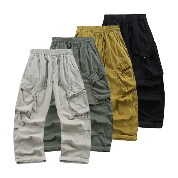 Men's Wide-Leg Cargo Pants, Military Style Chunky Streetwear Trousers with a Drawstring Waist and Multiple Pockets for Casual Outdoor Hiking, Classic Baggy Men's Pants, Cargo Style, Chunky Streetwear Men's Pants