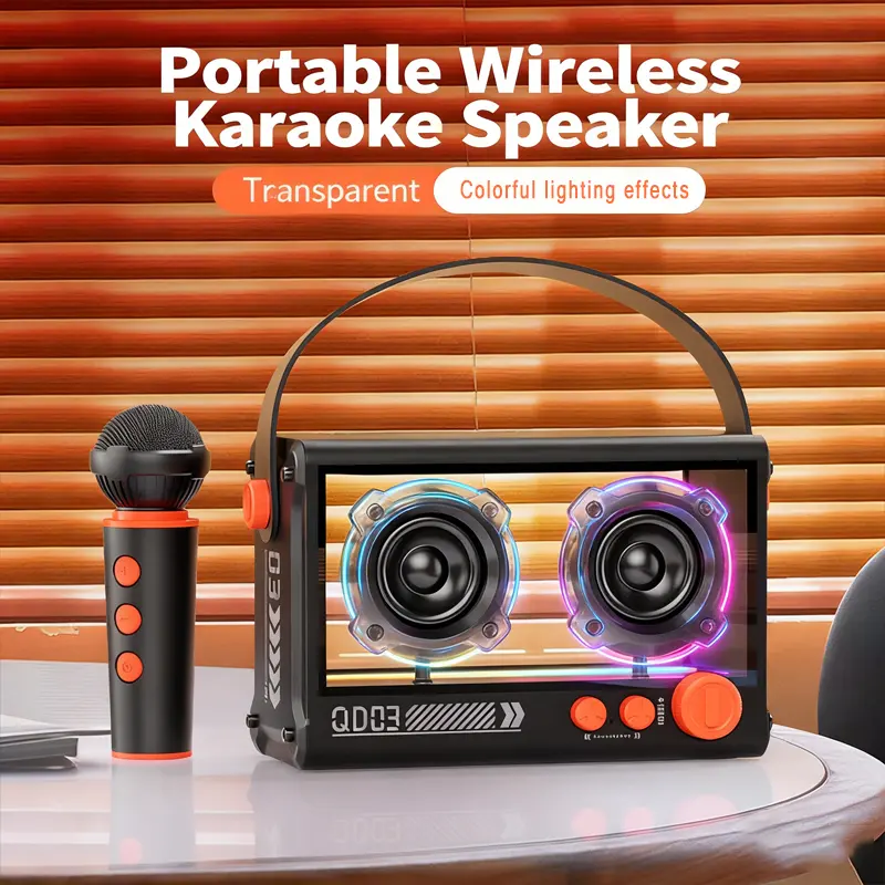 Portable Karaoke Speaker with Wireless Mic & 7-Color LED Lights, Dual 10W Stereo Bluetooth 5.2 Speaker with 6 Voice Effects, TF Card/FM Radio, 1500mAh Battery for Parties/Outdoor/Gatherings