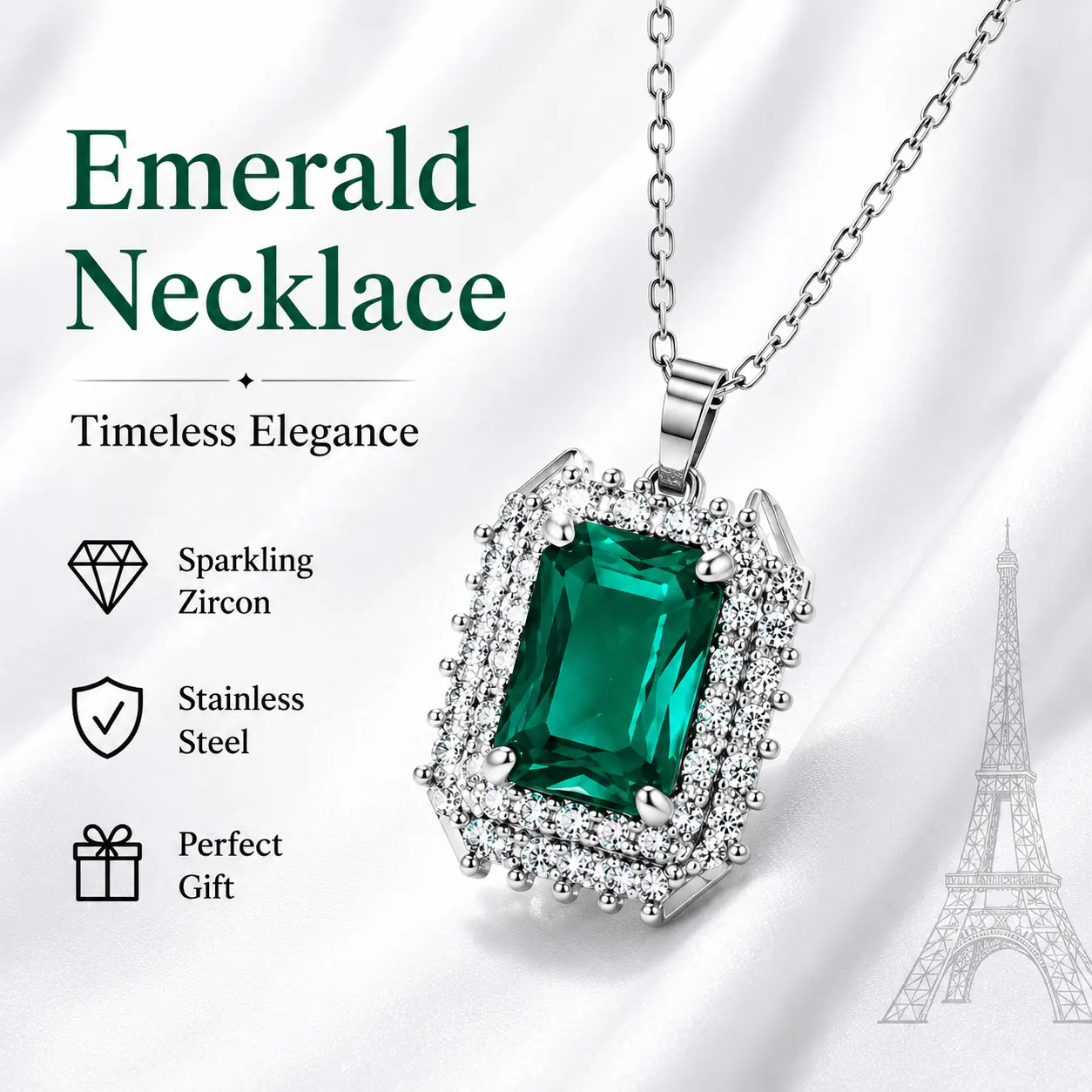 Emerald Green Zircon Necklace for Timeless Elegance Women Elegant Silver Pendant Necklace Stainless Steel Jewelry Gift
