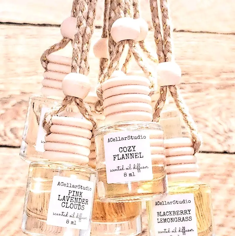 Car Scented Oil Diffuser - Hanging Glass & Wood Air Freshener - Boho Style - 65+ Scents - Refillable