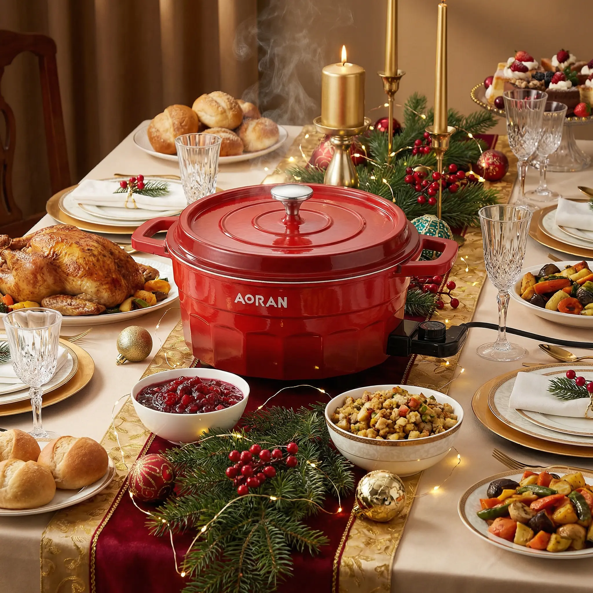 AORAN Red enamel  dual-zone electric hot pot featuring rapid heat transfer and high-temperature resistance with a non-stick coating for easy cleaning
