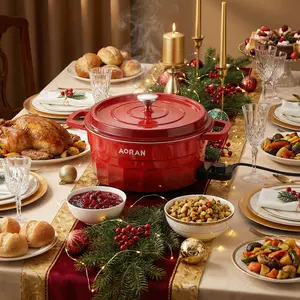AORAN Red enamel  dual-zone electric hot pot featuring rapid heat transfer and high-temperature resistance with a non-stick coating for easy cleaning