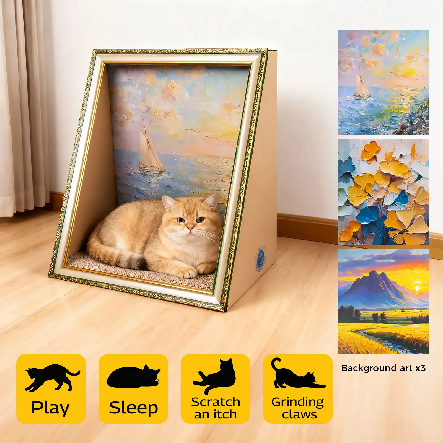TXFNY Cat Scratch House Oil Painting Cat Scratcher Cardboard House Large Cat Cave with Replaceable Scratching Boards Cat's Favorite Resting Spot Cute Bed