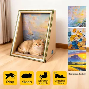 TXFNY Cat Scratch House Oil Painting Cat Scratcher Cardboard House Large Cat Cave with Replaceable Scratching Boards Cat's Favorite Resting Spot