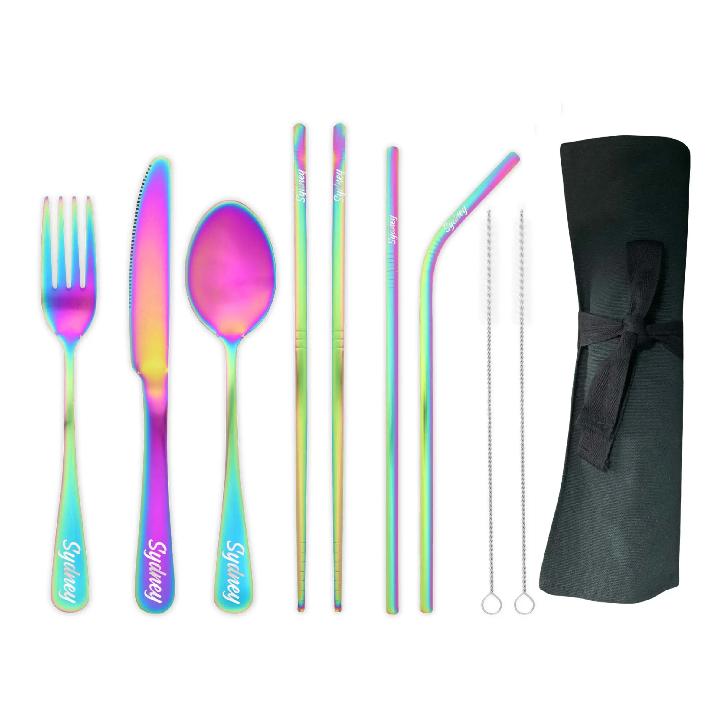 Forked Again 9-Piece Engraved Stainless Steel Reusable Travel Cutlery Set with Fork, Knife, Spoon, Chopsticks, Straws and Straw Cleaning Brushes in a Washable Cutlery Wrap